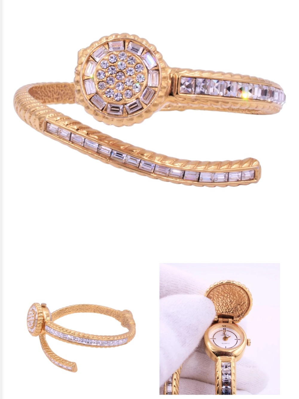 Vintage Bracelet Rhinestone Watch Japanese Movement 18kt Gold Plated